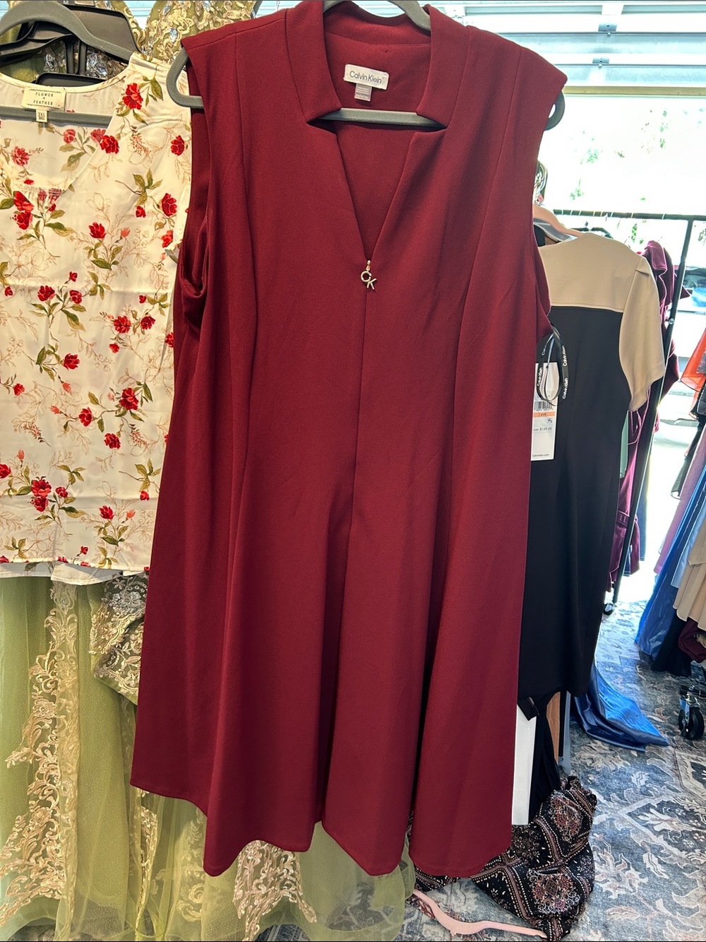 Calvin Klein Sleeveless V-Neck Wine Red A-Line Dress
